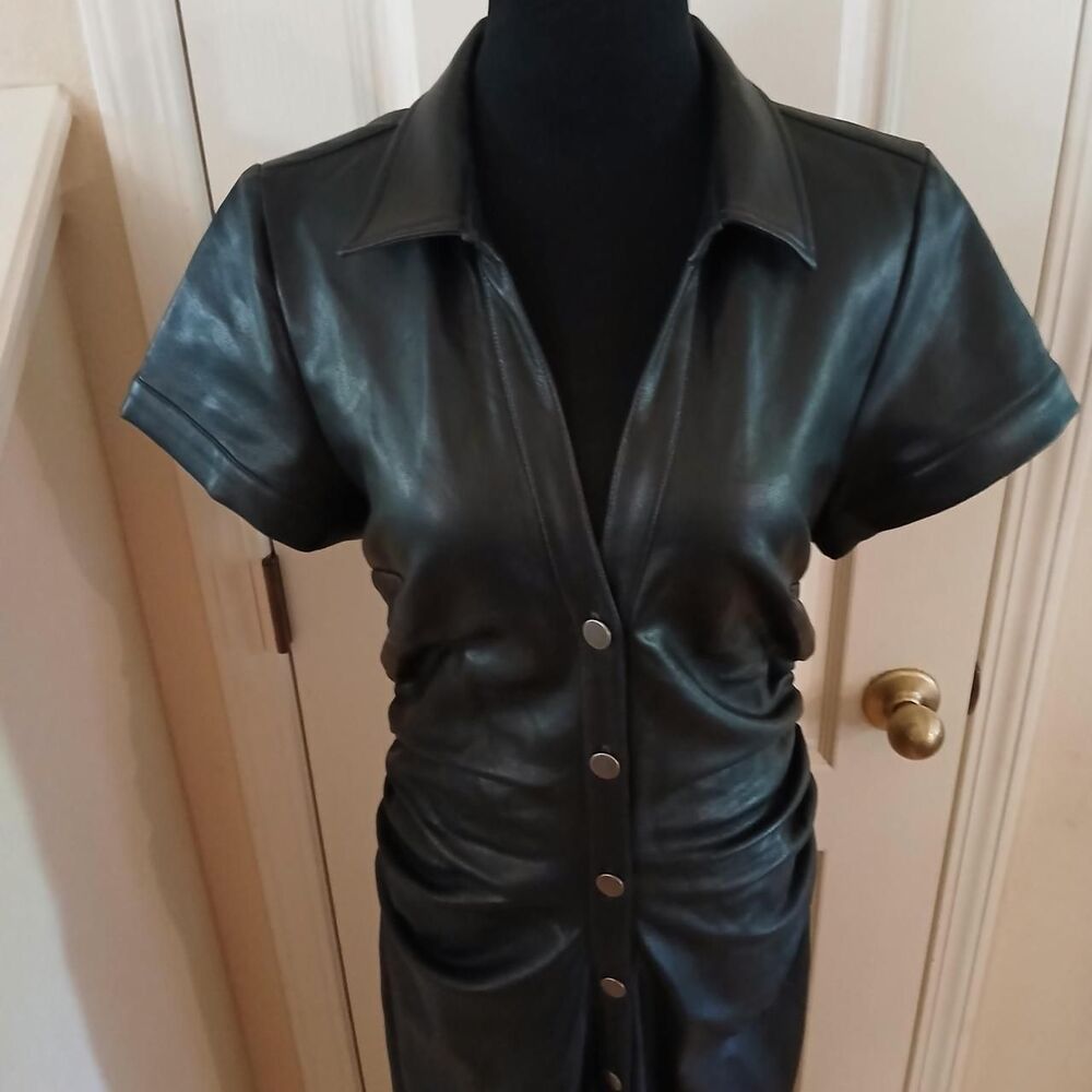 Pilcro Anthropologie Greer Faux Leather Midi Shirtdress Black M Edgy Streetwear - Picture 10 of 10
